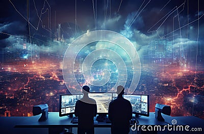 Two Male Software Engineers Discuss Live Analysis. Managers and Data Scientists Collaborate in a Modern Monitoring Stock Photo
