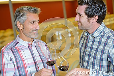 two male winemakers tasting wine in glass in winery cellar Stock Photo