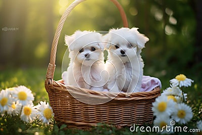 Two Maltese bichon breed dogs in a basket in the garden Stock Photo