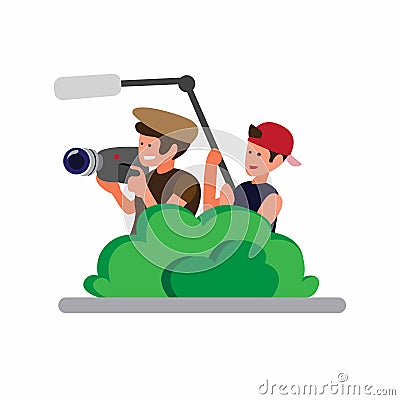 Two man hiding in the bushes and holding camera to recording, cameraman capture moment in candid flat cartoon illustration vector Vector Illustration