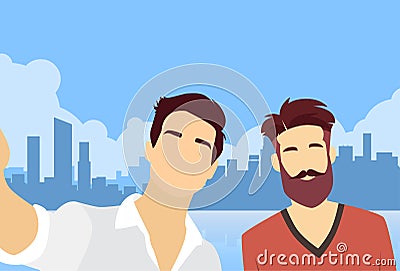 Two Man Taking Selfie Photo VIdeo Blog Vector Illustration