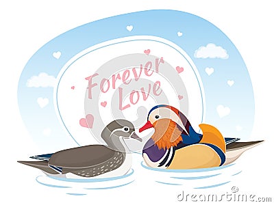 Two Mandarin Ducks in Love. Symbol of Love and Marriage. Card for Valentine Day. Forever love. Asian Birds. Male and Female. Vector Illustration