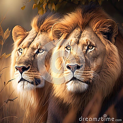 Two mane african lions in a wildlife Stock Photo