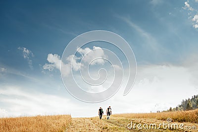 Two mans walk on golden field under blue sky Stock Photo