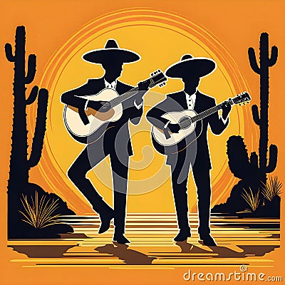 Two mariachi singers play guitars in the desert, creating a happy musical event Stock Photo