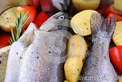 Two marinated rainbow trout with red pepper Stock Photo