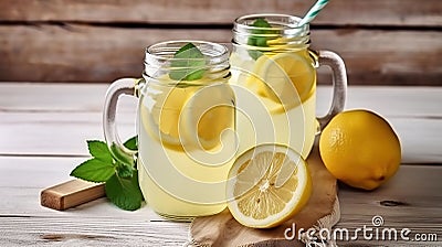 Two mason jar glasses of homemade refreshing lemonade with slices of organic ripe lemon, whole and halves, juicer, muddler, Stock Photo