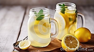 Two mason jar glasses of homemade refreshing lemonade with slices of organic ripe lemon, whole and halves, juicer, muddler, Stock Photo