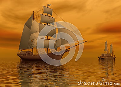 Two mast schooners sails on calm sea during sunset, 3d rendering Stock Photo