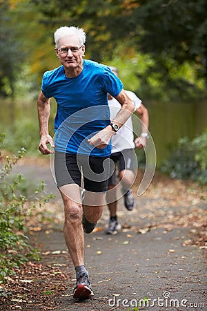 Two Mature Male Joggers Running Along Path Stock Photo