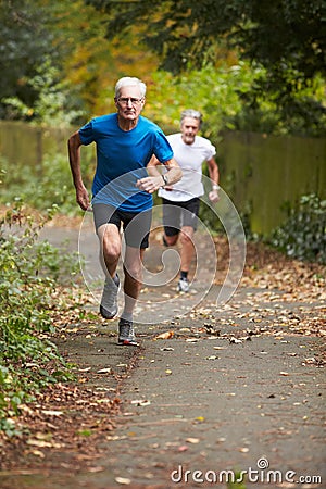 Two Mature Male Joggers Running Along Path Stock Photo