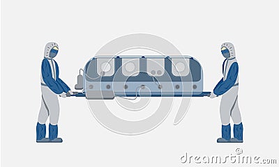 Two medics carry an insulating box with an infected patient. Virus 2019-nCoV. Transportation contaminated with biological threat Vector Illustration