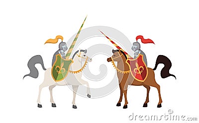 Two medieval knights. Brutal warriors on horse in armor with shields battle, honor concept, illustration for child book Vector Illustration
