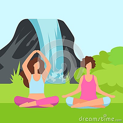 Two meditation women on the nature with green bush and waterfall Vector Illustration