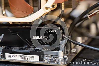 Two memory sticks of high end DDR4 RAM installed on a modern motherboard under a large Noctua air CPU cooler Editorial Stock Photo