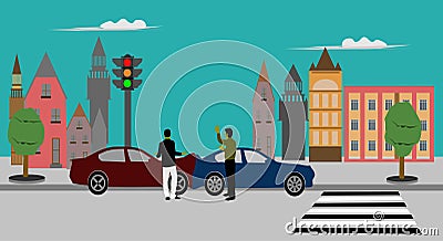 Two men are arguing. Cause the car hit the rear building background Vector Illustration
