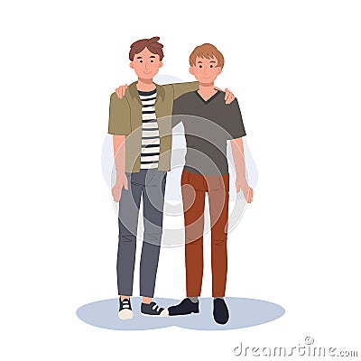 Two men, best friends embracing. Happy male characters, hugging together. Young smiling guys portrait. Friendship concept Vector Illustration