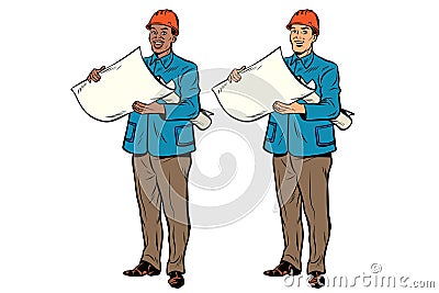 Two men Builder African American and Caucasian Vector Illustration