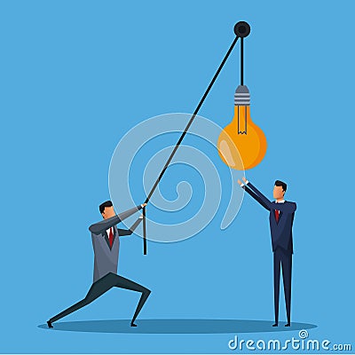 Two men business lift bulb creative Vector Illustration