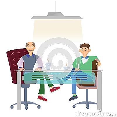 Two men in casual clothes sitting at office desk with a cup of coffee. Job interview or business meetings. Vector Vector Illustration