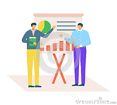 Two men discussing business data on presentation chart. Office workers analyzing sales graph and reports. Presentation Cartoon Illustration