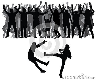 Two men fight against on the background of cheering crowd of people. Vector Illustration