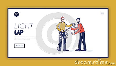 Two men fixing broken lamps in garland holding tangled light bulbs. Light bulbs change landing page Vector Illustration