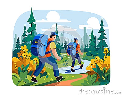 Two men hiking through forest, trekking towards city skyline, wearing backpacks caps, surrounded Stock Photo