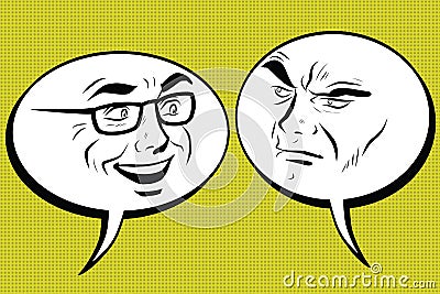 Two men joyful and angry. Comic bubble smiley face Vector Illustration