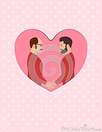 Two men, multiracial gay couple in love, holding hands and looking into each others eyes. Greeting card for Happy Vector Illustration