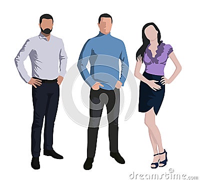 Two men and one woman standing. People Vector Illustration