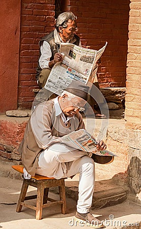 Two Men Outdoors Reading Newspapers Kathmandu Nepal Editorial Stock Photo