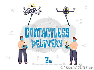 Two men in protective masks and gloves control drones delivery with wireless remote Vector Illustration