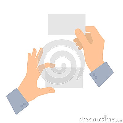 Two men`s hands are holding business cards. Template flat Vector Illustration