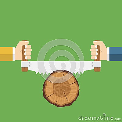 Two men sawing wood. Vector Illustration