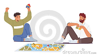 Two Men Sit Cross-legged On The Floor, Engrossed In A Board Game. Concentration Fills The Room As Strategic Moves Vector Illustration