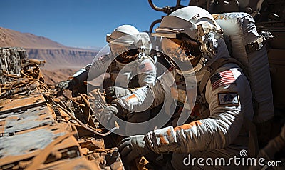 Two Men in Spacesuits Working on a Piece of Wood Stock Photo