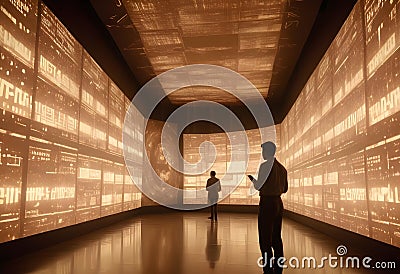 Two men stand in a large, futuristic space, surrounded by multiple large screens displaying a glowing data stream and Vector Illustration