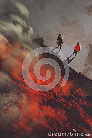 Two men standing at the edge of the volcanic rock cliff with lava Cartoon Illustration