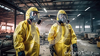 Two men in yellow protective suits standing in a factory Stock Photo