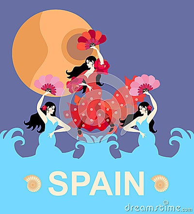 Two mermaids and Spanish girl, dressed in long dresses, dancing flamenco against the sea in front of the moon Vector Illustration