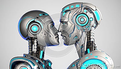 Two metal and neon-lit androids about to kiss. Robots in love. Humanoids kissing. Stock Photo