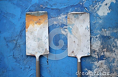 two metal spatulas on a blue surface Stock Photo