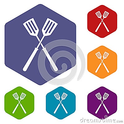 Two metal spatulas icons set hexagon Vector Illustration