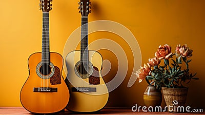 Two Mexican wooden guitars and flowers near yellow wall. Cinco de Mayo holiday symbol Stock Photo