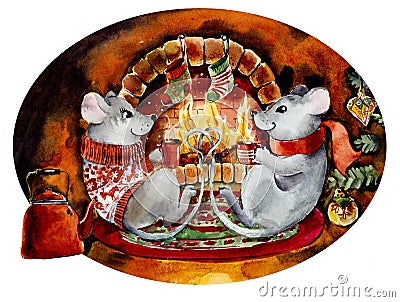 Two mice drink tea at New Year `s fireplace. Watercolor hand drawn illustration Cartoon Illustration