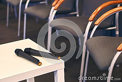 Two microphones on the table at conference Stock Photo