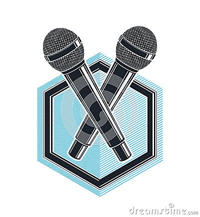 Two microphones vector logo or emblem isolated on white, MC rapper or rap battle concept, stand up comic Vector Illustration