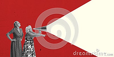 Two middle age women shouting at megaphone over red -white background. Concept of great sales, breaking news, black Stock Photo