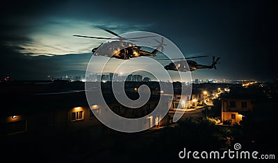 Two military helicopters cross the outskirts of the city at night at low altitude Stock Photo